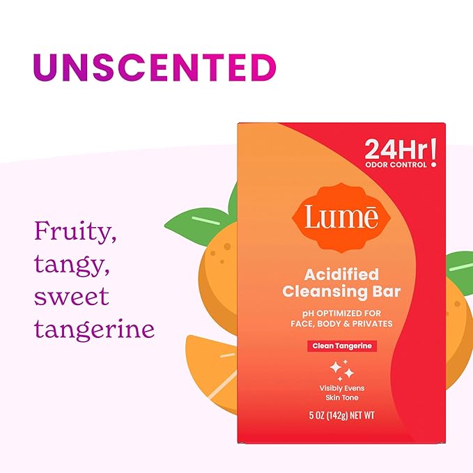Lume Acidified Body Cleansing Bar - 24 Hour Odor Control - Removes Odor Better than Soap - Moisturizing Formula - Formulated Without SLS orParabens - OB/GYN Developed - 5 ounce (Clean Tangerine)