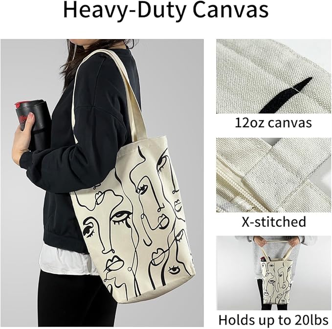 Canvas Tote Bag for Women, Aesthetic Tote Bag with Zipper Pocket for Grocery Travel Work Gift, Canvas Shopping Bag