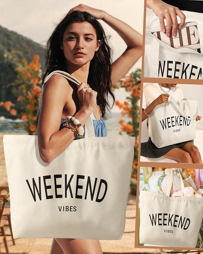 Large Tote Bag for Women - Aesthetic Cute Big Canvas Bags with Zipper Cotton Shoulder Bag for Gym, Travel, Work