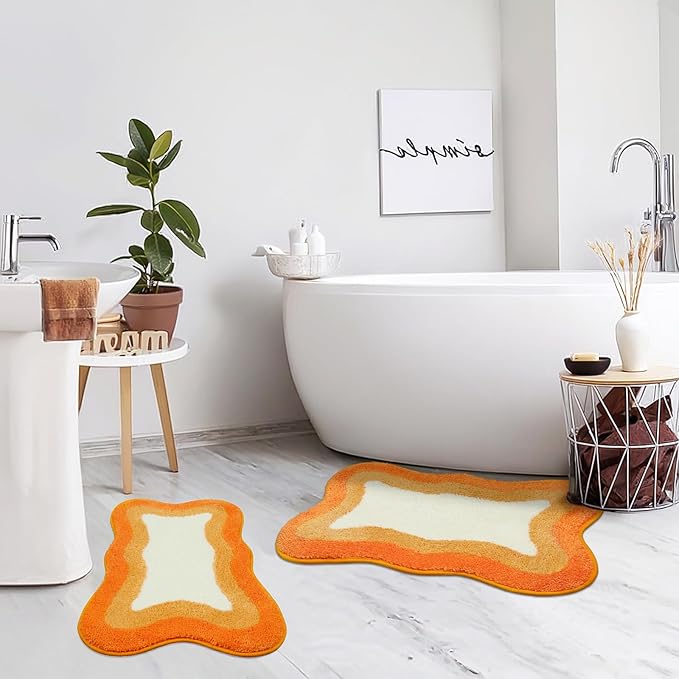 HAOCOO Bath Mats for Bathroom, 20x31 inch Fluffy Microfiber Shower Rug, Non Slip Aesthetic Washable Orange Bathroom Rugs Absorbent Carpet for Bathroom Floor Tub Shower