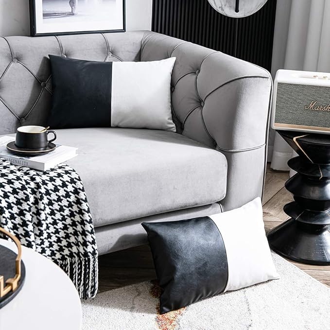 DEZENE Faux Leather Cotton Throw Pillow Covers for Couch Bed Sofa, Set of 2 12 x 20 inch Modern Square Decorative Bedroom Living Room Cushion Cases, Black and White
