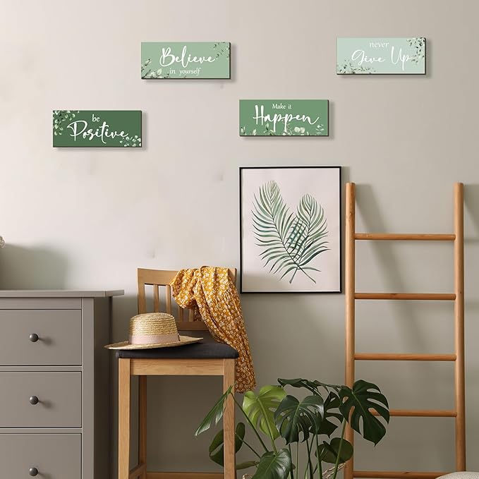 4 Pcs Green Office Decor For Women Motivational Wall Decor Inspirational Green Office Wall Decor With Positive Sayings Wooden Hangings for Home Bathroom Bedroom Kitchen(10x4")