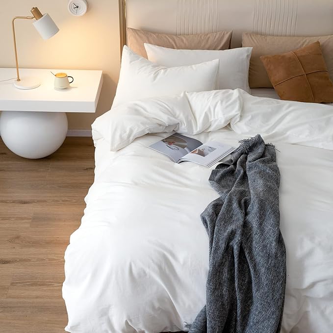 JIYUAN 100% Washed Cotton Duvet Cover Set 3 PCS Oversized King Plus, 1 Duvet Cover 128"x120"(Comforter Not Included) and 2 Pillowcases,Linen Feel Bedding Set Comfy and Breathable,Off White