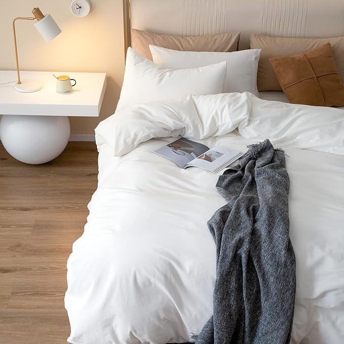 JIYUAN 100% Washed Cotton Duvet Cover Set 3 Pieces Alaska King, 1 Duvet Cover 132x120 Inches(Comforter Not Included) and 2 Pillowcases,Linen Feel Bedding Set Comfy and Breathable,Off White