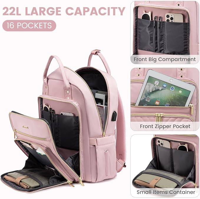LOVEVOOK Laptop Backpack Women Teacher Backpack,15.6 Inch Laptop Bag with USB Port,Waterproof Daypack for Work Travel Pink
