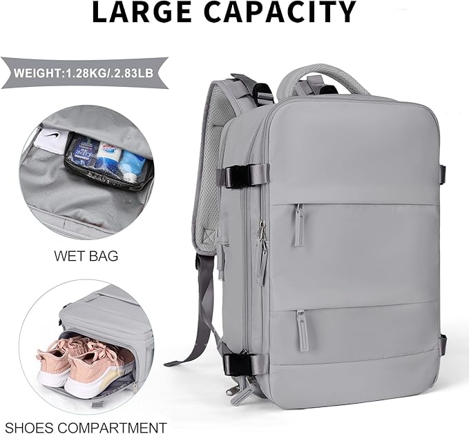 Coowoz Large Travel Backpack For Women Men, Flight Approved, Waterproof Outdoor Sports Rucksack, Casual Daypack, Fit 15.6 Inch Laptop Shoes, Grey