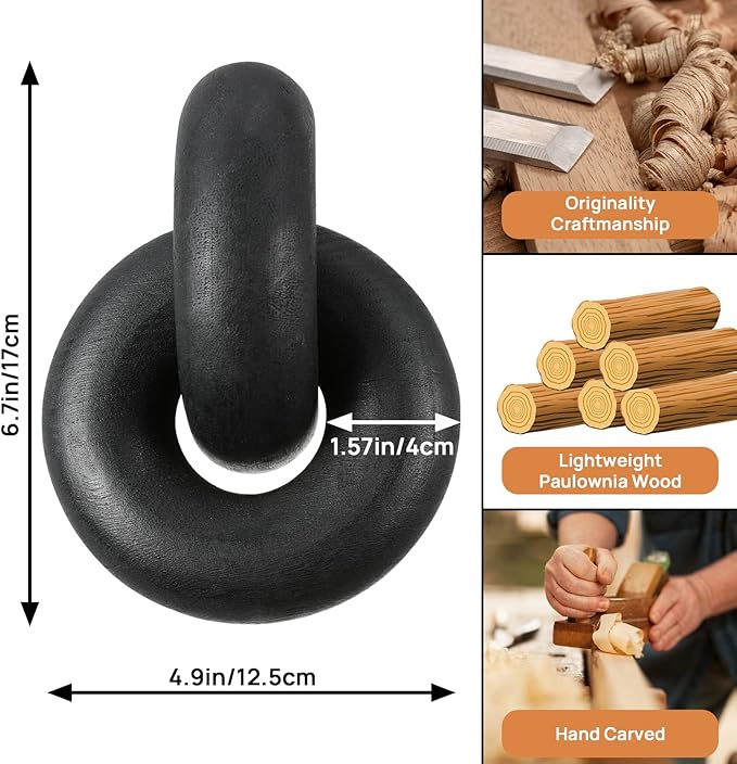 Wood Chain Decor, 2-Link Decorative Chain Hand Carved Boho Wood Knot Decor for Bookshelf Desk Living Room Coffee Table Farmhouse Ornament (Black)
