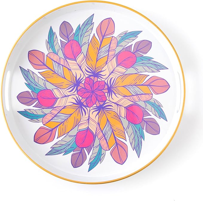 Round Coffee Table Tray Ottoman Tray,Round Plastic Serving Trays with Handles,Modern Decorative Tray for Ottoman Coffee Table,Plastic Ottoman Tray for Living Room, Large, White