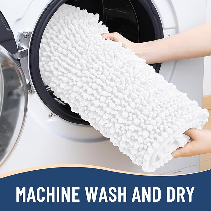 Arotive Luxury Chenille Bathroom Rug Mat, Extra Soft Thick Absorbent Shaggy Bath Rugs, Non-Slip Machine Wash Dry, Plush Bath Mats for Bathroom, Shower and Tub, 47x20, White