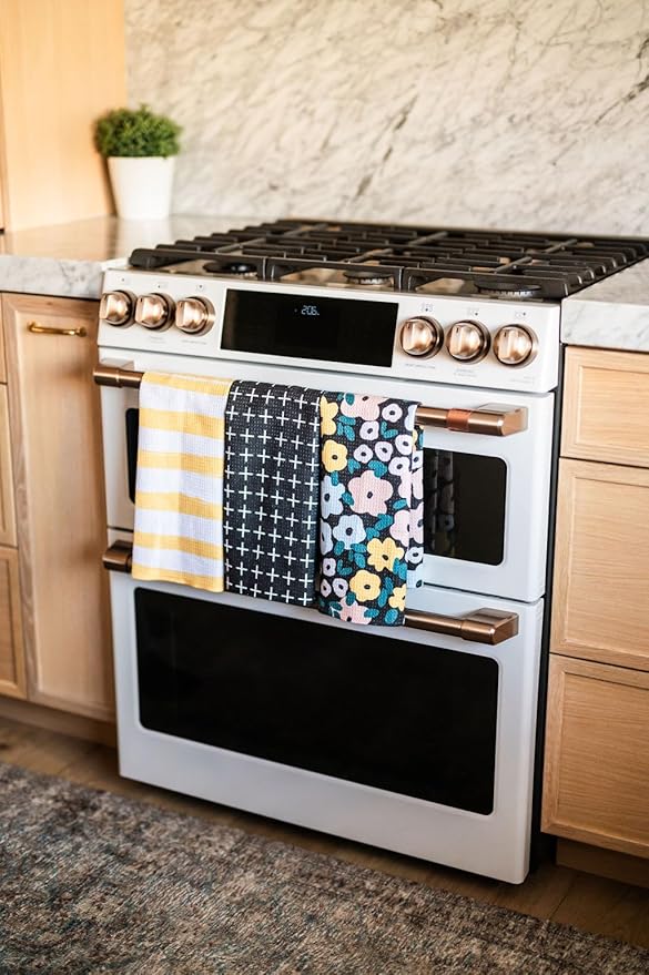 || 3 Pack|| Double Sided || Not Your Ordinary Dish Towels || Waffle Weave Microfiber || Highly Absorbent || Hanging Loop || Dish Cloths || Modern || Designer Prints|| Black and Yellow