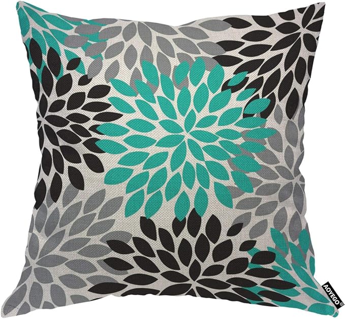 AOYEGO Dahlia Pinnata Floral Throw Pillow Cover Round Circle Elegant Gray Cyan Black Petal Randomly Spot Flower Pillow Case 18x18 Inch Decorative Men Women Room Cushion Cover for Home Couch