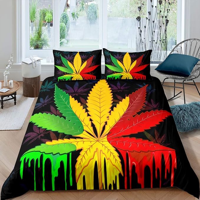 Feelyou Marijuana Leaf Duvet Cover Set Colorful Cannabis Leaves Bedding Set Botanical Weed Hemp Comforter Cover Set Boho Psychedelic Quilt Cover Soft Lightweight King 3Pcs