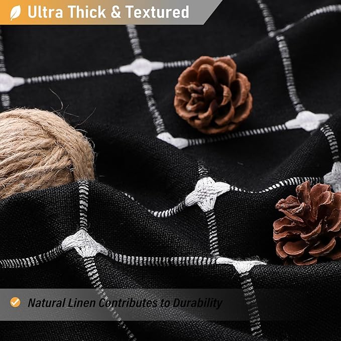 BTTN Extra Long Shower Curtain - 72x96 Inch Long Boho Linen Fabric Heavy Duty Shower Curtain Set with Plastic Hooks, Tall Farmhouse Aesthetic Cute Tassel Shower Curtains for Bathroom, Black and White