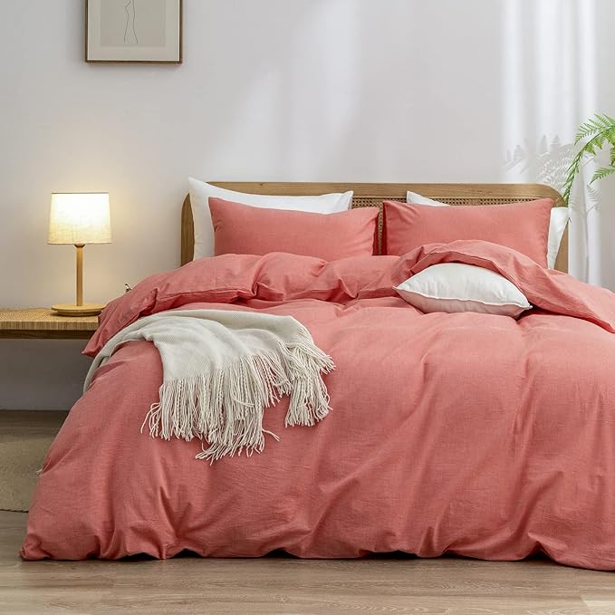 BESTOUCH Duvet Cover Set 100% Washed Cotton Linen Feel Super Soft Comfortable Chic Lightweight 2 PCs Home Bedding Set Solid Orange Twin/Twin XL