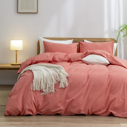 BESTOUCH Duvet Cover Set 100% Washed Cotton Linen Feel Super Soft Comfortable Chic Lightweight 2 PCs Home Bedding Set Solid Orange Twin/Twin XL