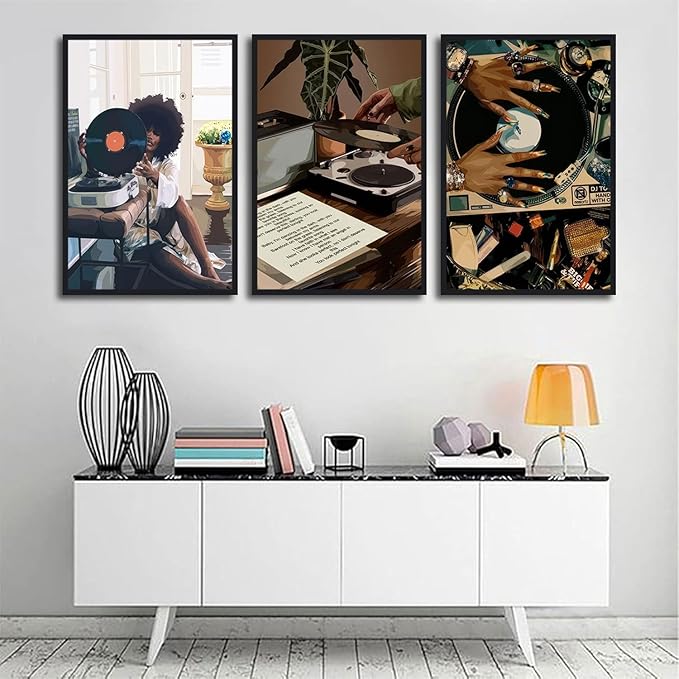 3Pcs Black Woman Art Poster African American Women Canvas Wall Art Funky Black Girl Record Music Posters prints for Modern Black Woman Bedroom Home Decoration 16x24in Unframed