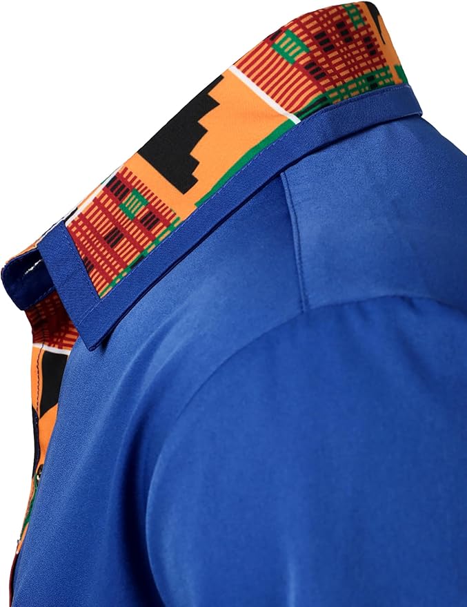 ZEROYAA Men's African Printed Patchwork Design Short Sleeve Button up Shirt