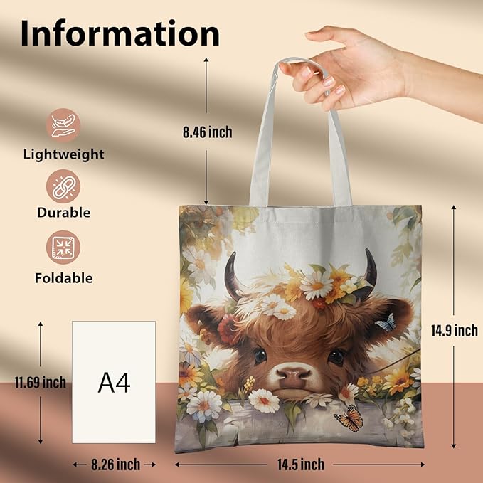 Western Highland Cow Canvas Tote Bag - Highland Cow Lover Gifts,Canvas Shoulder Bag for Women for Girls
