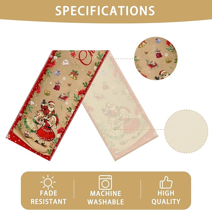 Merry Christmas Burlap Table Runner Seasonal Spring Fall Kitchen Dining Linen Table Decoration for Indoor Outdoor Home Party Dinner 13x72 Inch