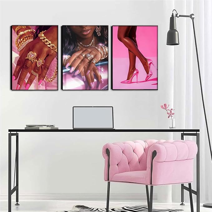 Pink Fashion Black Girl Canvas Wall Art Set of 3 African American Black Woman Posters Wall Decor Fashion Black Woman Pictures Prints for Living Room Bedroom Artwork Home Decoration 12x16Inch Unframed