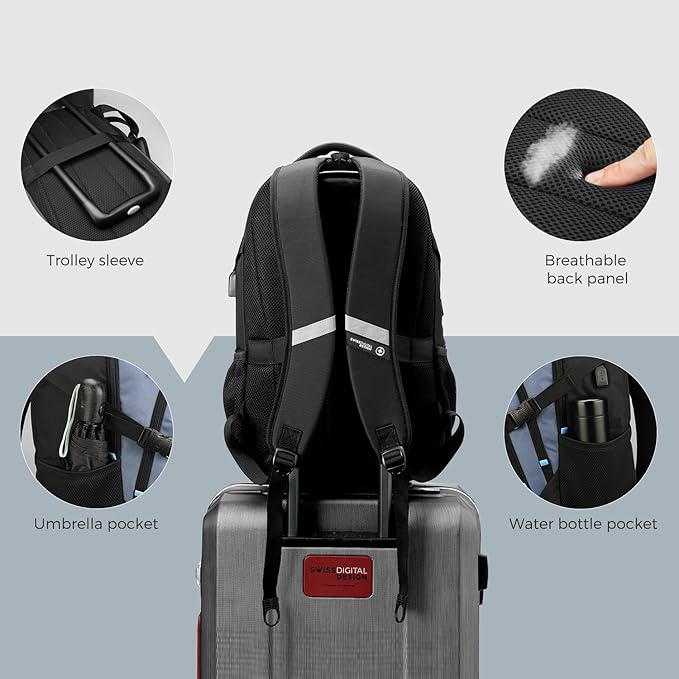 Swissdigital Design Laptop Backpack with USB Charging Port, Travel Backpack Fits 15.6 inches Computer, 31L College School Backpack for Men, Haze Blue/Black | SD803