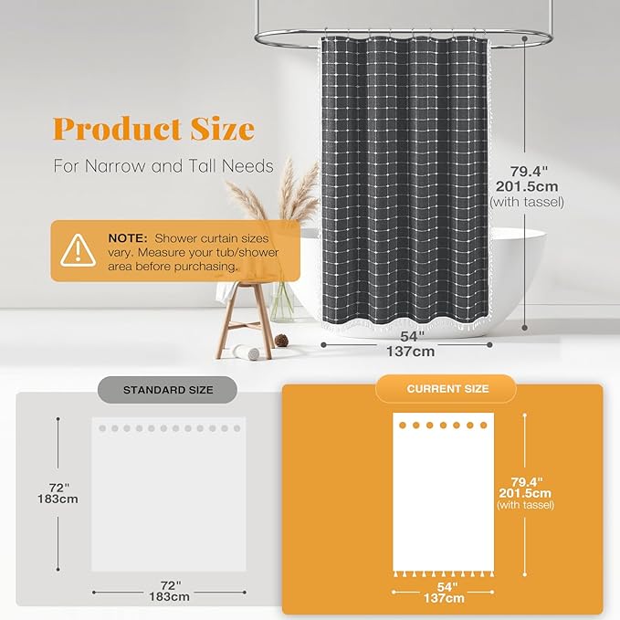 BTTN Stall Fabric Shower Curtain - 54x78 Inches Boho Linen Heavy Duty Tassel Shower Curtain Set with 10 Hooks, Narrow Rustic Modern Farmhouse Neutral Thick Shower Curtains for Bathroom - Charcoal Grey