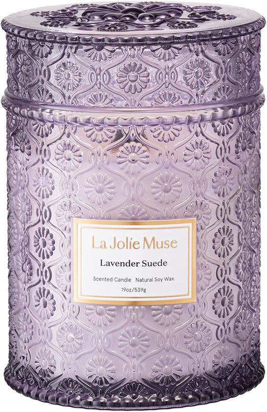 LA JOLIE MUSE Lavender Candle, 19 oz Wood Wicked Candles for Home Scented, Large Soy Candles for Women, 90 Hours Long Burning, Lavender Suede