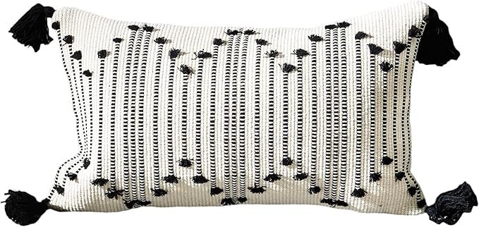 LIGICKY Boho Lumbar Pillow Covers Decorative Woven Tassel Throw Pillows Rectangle Pillow Sham Black and Off White Pillowcase for Couch Sofa Bed Car 12x20 Inch