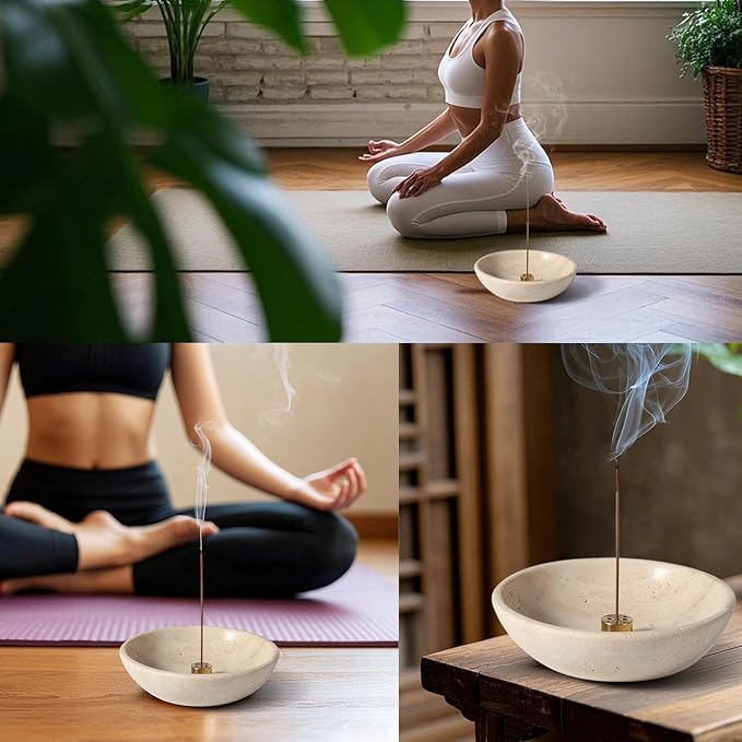 Koville Natural Marble Incense Holder, Incense Holder for Sticks with 9 Holes, Handmade Incense Burner Ash Catcher for Meditation Yoga SPA, Balsam Fir/Palo Santo/Sage/Cone (Travertine)
