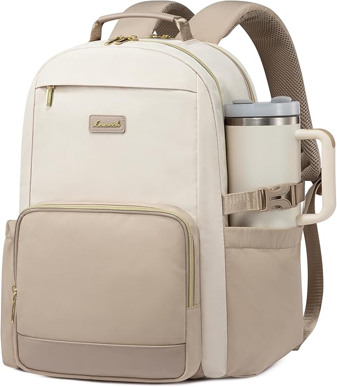 LOVEVOOK Laptop Backpack for Women with Pouch Pocket for Large Capacity Cup,18 Inch Laptop Computer Bag Travel Backpack Purse,Waterproof Work Business Backpack College Teacher Bags,Beige-Khaki