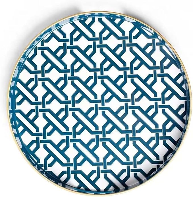 Blue Round Serving Tray with Handles,13" Decorative Ottoman Coffee Table for Perfume,Living Room,Home Decor