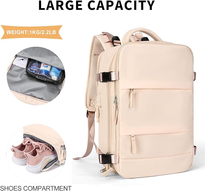 coowoz Travel Backpack For Women Men,Carry On Backpack,Hiking Backpack Waterproof Outdoor Sports Rucksack Casual Daypack Travel Essentials（Beige）