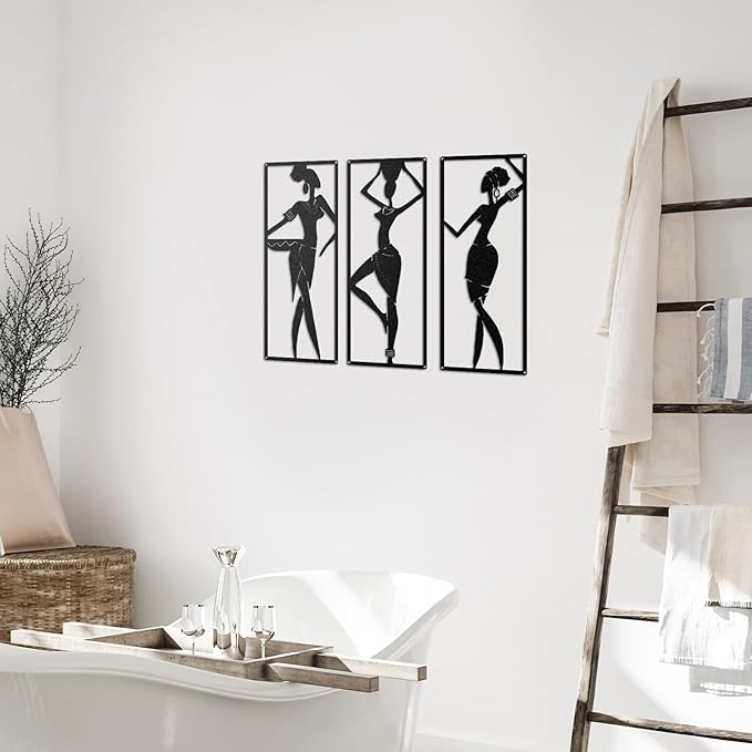 Therwen 3 Pieces African Women Metal Wall Decor Black Women Metal Wall Art African American Black Minimalist Decor for Bedroom Bathroom Living Room Home 15.7 x 6 Inch