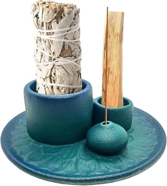 Palo Santo Holder - 4 in 1 Incense & Candle Holder - Ceramic Incense Holder Ash Catcher Tray for Meditation Room - Easy to Clean (Blue)