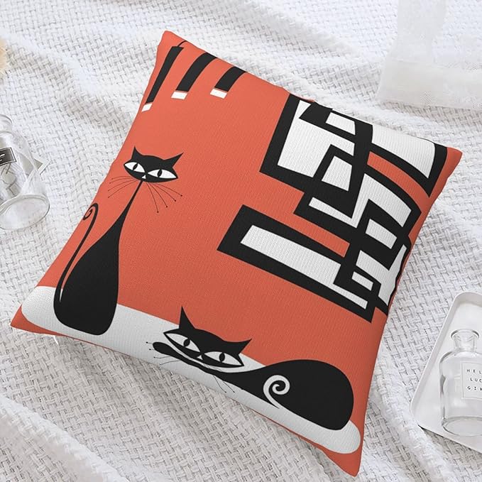 Mid Century Modern Cats and Atomic Art Square Pillow Case Throw Pillow Covers Decorative Pillowcase Cushion Cover with Car Couch Sofa Chair Bed Living Room 18x18 Inch