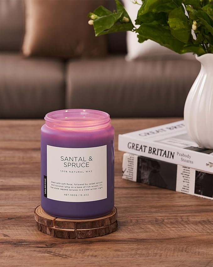 M&SENSE Santal Spruce Coconut Soy Candles for Home Scented, 19.4oz 110 Hour Slow Burning Large Candle Gift for Stress Relief, Meditation, Relaxing SPA, Best Smelling Christmas Gifts