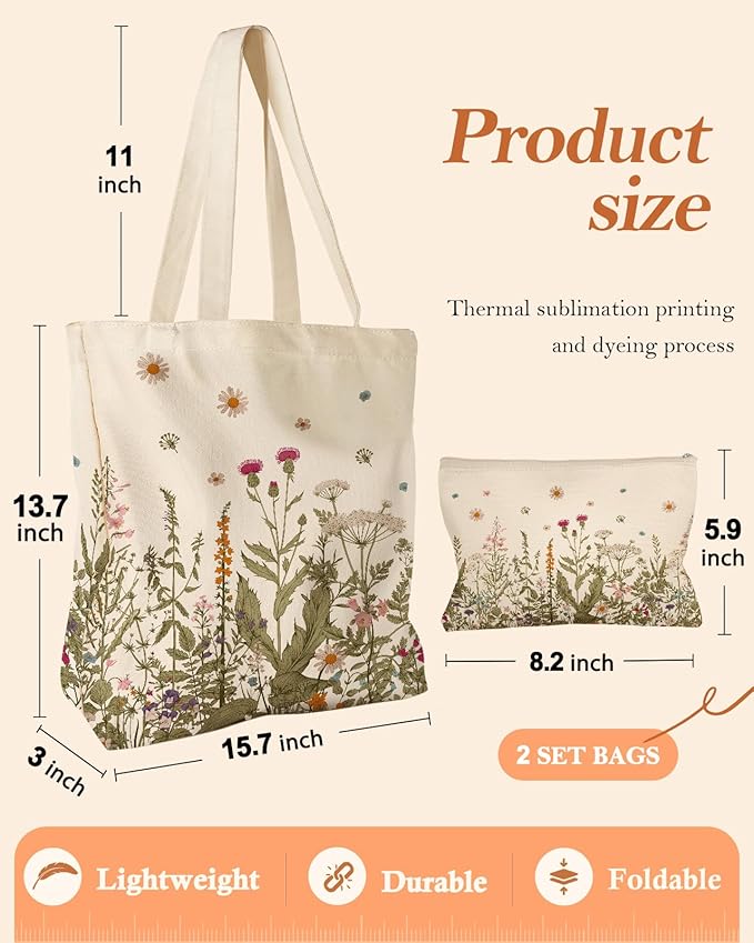 Aesthetic 2 Pack Canvas Tote Bag - with Makeup Zipper Pouch for Women Bag for Shopping, Gym, Travel, Vacation
