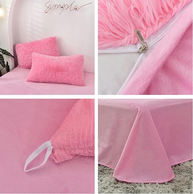 MorroMorn 5 PCS Shaggy Duvet Cover Bedding Set - Long Faux Fur Luxury Ultra Soft (Pink, Full/Queen)