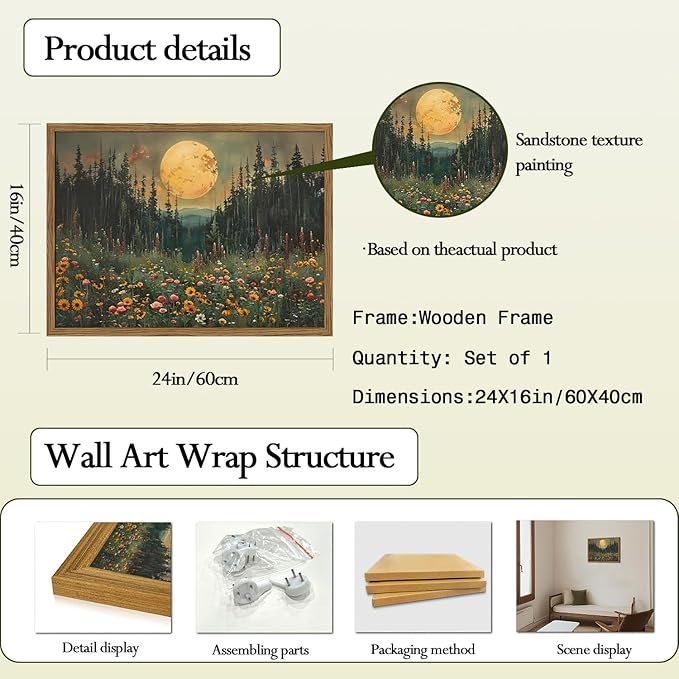 Vintage Forest Moon Wall Art, Nature Pine Tree Woodland Wall Decor Paintings, Dark Cottagecore Landscape 3D Textured Hand Drawn Sandstone Artwork for Bedroom Living Room 16x24 inch Wood Framed