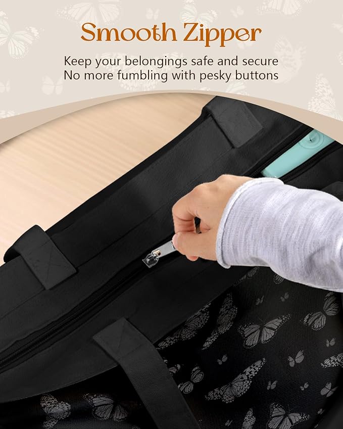 Canvas Tote Bag for Women – Aesthetic Canvas Bag with Zipper Cute Stylish Reusable Shoulder Totes for Shopping Work Daily Vacation, Black Butterfly