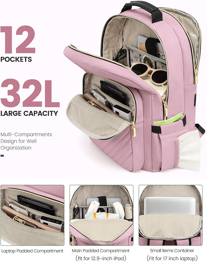 LOVEVOOK Laptop Backpack for Women, Travel Computer Work Bags with 17-inch Laptop Compartment, College School Student Bag Teen Backpacks For Girls, Outdoor Carry On Backpack Purse, Light Pink