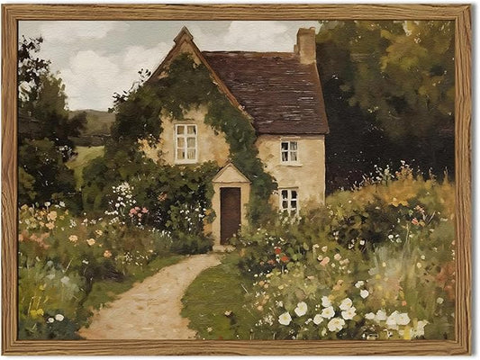 Vintage Farmhouse Wall Art, Retro Landscape Wall Decor Paintings, 3D Textured Hand Drawn Sandstone Nature Botanical Farm House Artwork for Bedroom Living Room 16x24 inch Wood Framed