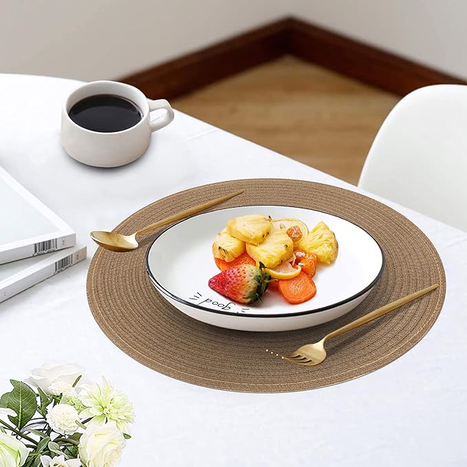 SHACOS Round Braided Placemats Set of 6 Washable Cotton Polyester 15 inch Round Table Place Mat for Dining Table (Brown, 6)