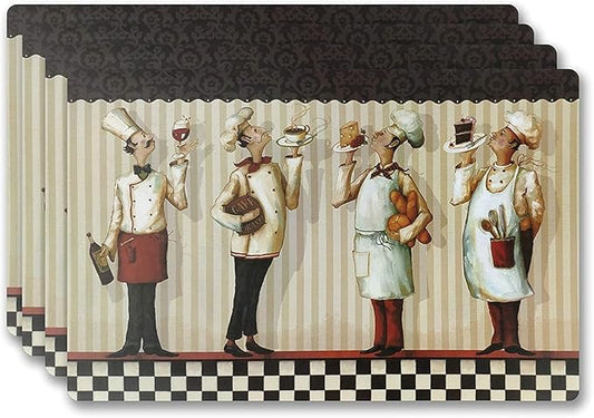 Vinyl Rectangular Placemats Set of 4 - Non Slip Place Mats Ideal for Indoor and Outdoor Dining Table - Washable and Heat Resistant Table Mat for Kitchen Tables (Chef Master)