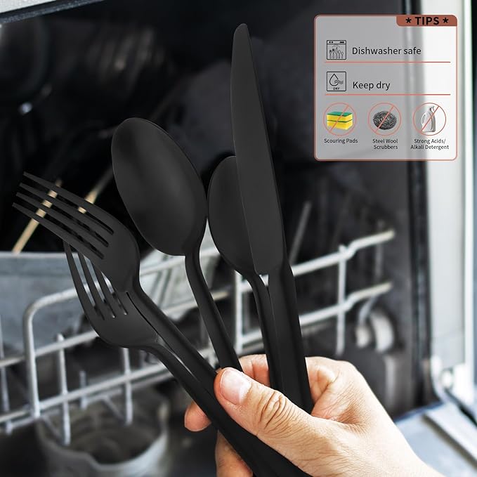 Alata Potter Black 45-Piece Forged Silverware Set with Utensil-Serving Set, Service for 8, Stainless Steel Flatware Set, Modern Design with Satin Finish, Ideal for Home, Kitchen, Party, Camping