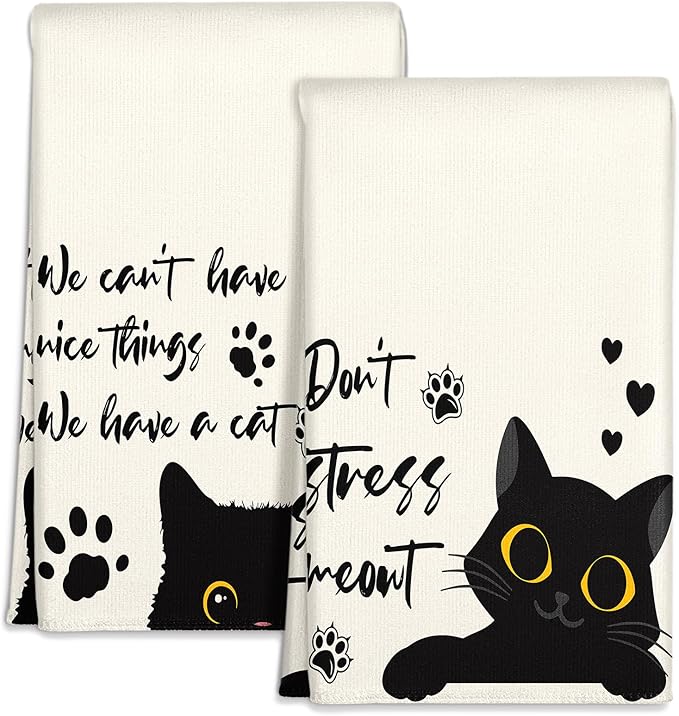 Microfiber Kitchen Towels - Set of 2 Dish Towels for Kitchen 18 x 26 Inch Home Decoration Black Cat Cute Spring Hand Towels Soft & Absorbent Aesthetic Design