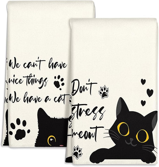 Microfiber Kitchen Towels - Set of 2 Dish Towels for Kitchen 18 x 26 Inch Home Decoration Black Cat Cute Spring Hand Towels Soft & Absorbent Aesthetic Design
