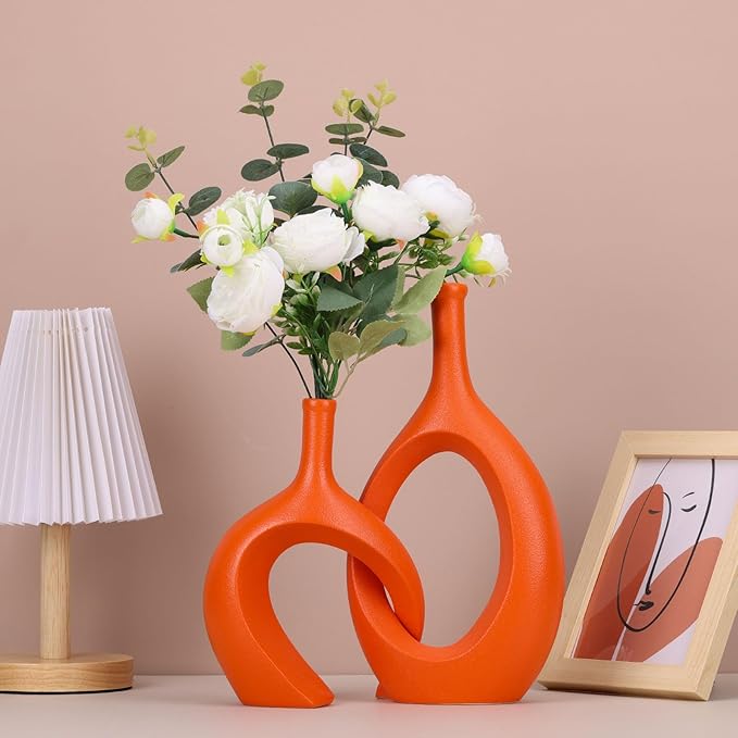 Orange Unique Hollow Bud Vases Set of 2,Modern Snuggle and Huging Style Ceramic Vase for Pampas Grass,Living Room Decorations for Fireplace,Coffee Table Centerpiece,Mantle,Bookshelf Decor