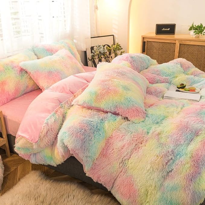 MorroMorn 5 PCS Plush Shaggy Duvet Cover Sets, Luxury Shag Fluffy Comforter Cover Fuzzy Bedding Set - Long Faux Fur Ultra Soft Cozy (Rainbow, Full/Queen)