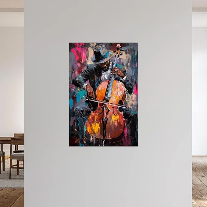 SWQYLB Black Music Wall Art Abstract Jazz Wall Decor African American Painting Canvas Musical Instruments Pictures Classroom Music Men Room Decor Framed (Black, (16.00" x 24.00"))